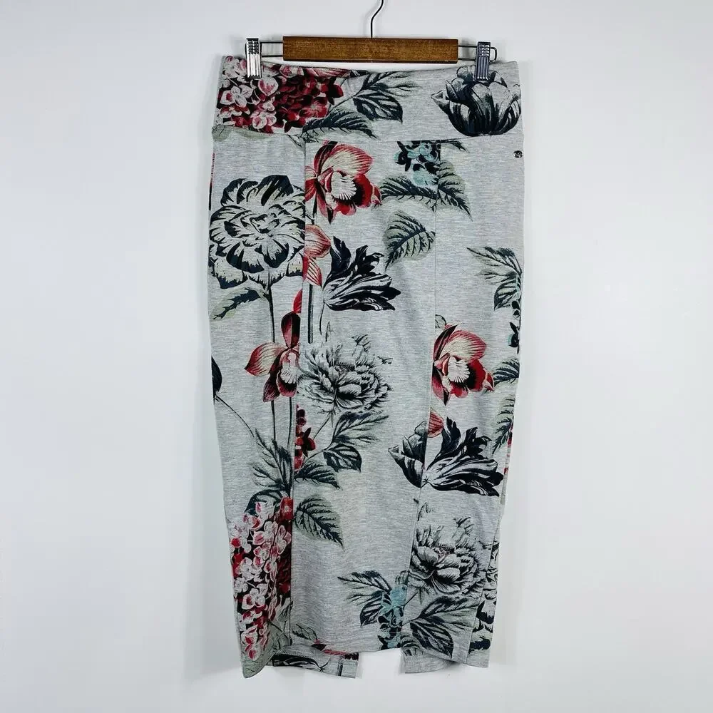 Melissa McCarthy Seven7 Size Medium Floral Ponte Knit Pull On Midi Skirt Gray